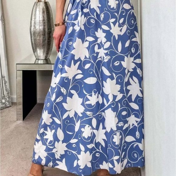 Estee Brown Blue Floral Belted Front Wrap Maxi Dress Small/Medium - Picture 4 of 13